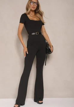 Czarny Kombinezon z Wiskozą z Krótkim Rękawem i Nogawkami Flare Calhira
