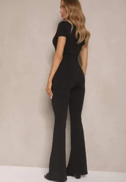 Czarny Kombinezon z Wiskozą z Krótkim Rękawem i Nogawkami Flare Calhira