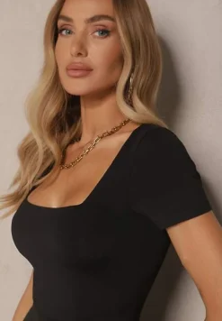 Czarny Kombinezon z Wiskozą z Krótkim Rękawem i Nogawkami Flare Calhira