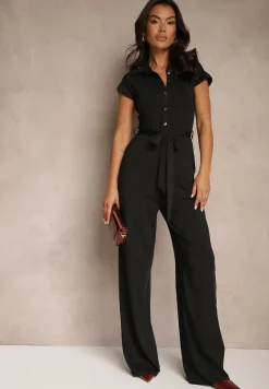 Czarny Kombinezon z Wiskozą o Koszulowym Kroju z Wiązanym Paskiem Ninathra