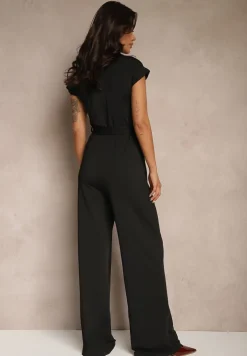 Czarny Kombinezon z Wiskozą o Koszulowym Kroju z Wiązanym Paskiem Ninathra