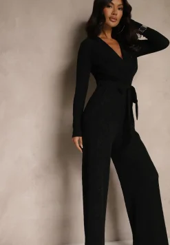 Czarny Kombinezon z Wiskozą Ozdobiony w Talii Paskiem i Metaliczną Nicią Miavellia