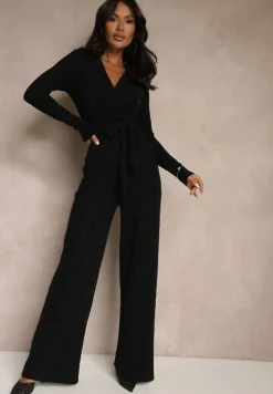 Czarny Kombinezon z Wiskozą Ozdobiony w Talii Paskiem i Metaliczną Nicią Miavellia