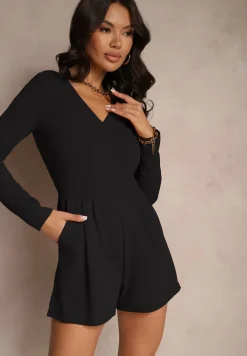 Czarny Kombinezon z Wiskozą o Dopasowanym Kroju z Marszczeniem Adiveli