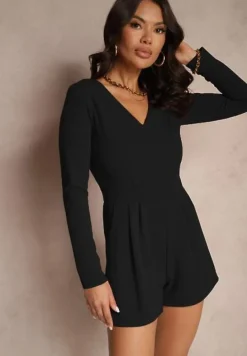 Czarny Kombinezon z Wiskozą o Dopasowanym Kroju z Marszczeniem Adiveli