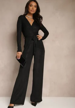 Czarny Kombinezon z Wiskozą o Kopertowym Kroju z Wiązanym Paskiem Nalivere