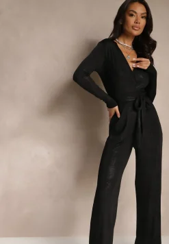 Czarny Kombinezon z Wiskozą o Kopertowym Kroju z Wiązanym Paskiem Nalivere