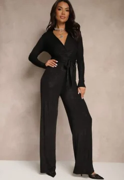 Czarny Kombinezon z Wiskozą o Kopertowym Kroju z Wiązanym Paskiem Nalivere