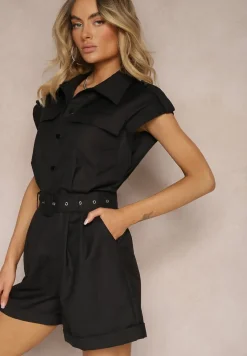 Czarny Kombinezon Zapinany na Guziki z Krótkim Rękawem i Materiałowym Paskiem Tiamante