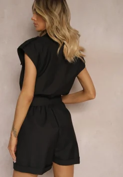 Czarny Kombinezon Zapinany na Guziki z Krótkim Rękawem i Materiałowym Paskiem Tiamante