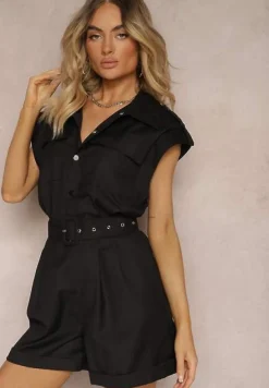 Czarny Kombinezon Zapinany na Guziki z Krótkim Rękawem i Materiałowym Paskiem Tiamante