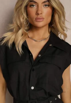 Czarny Kombinezon Zapinany na Guziki z Krótkim Rękawem i Materiałowym Paskiem Tiamante