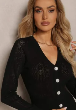 Czarny Komplet Ażurowy z Lekkiej Dzianiny z Kardiganem i Spódnicą Midi Dioressa