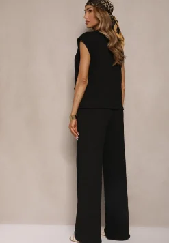 Czarny Komplet Bluzka o Fasonie Kamizelki z Ozdobnymi Broszkami i Spodnie Sadessae