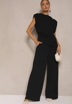 Czarny Komplet Bluzka z Poduszkami w Ramionach i Proste Spodnie z Gumką w Pasie Divanes