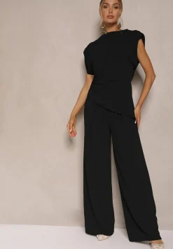 Czarny Komplet Bluzka z Poduszkami w Ramionach i Proste Spodnie z Gumką w Pasie Divanes