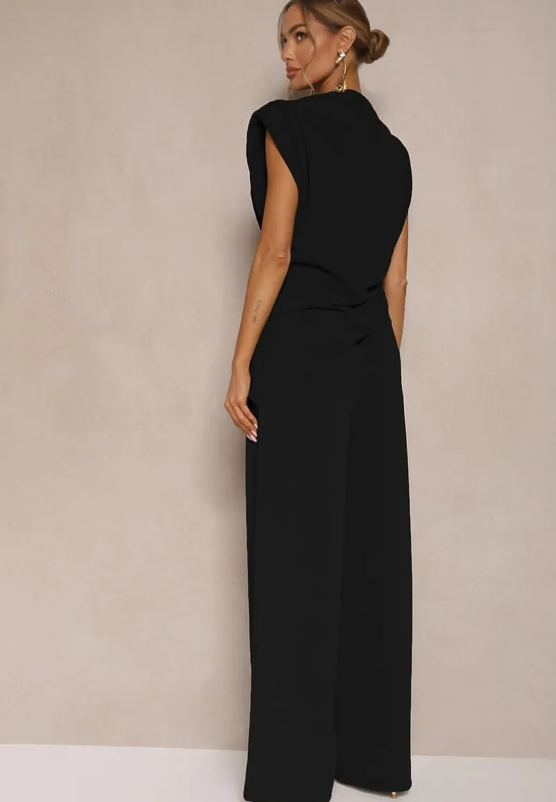 Czarny Komplet Bluzka z Poduszkami w Ramionach i Proste Spodnie z Gumką w Pasie Divanes