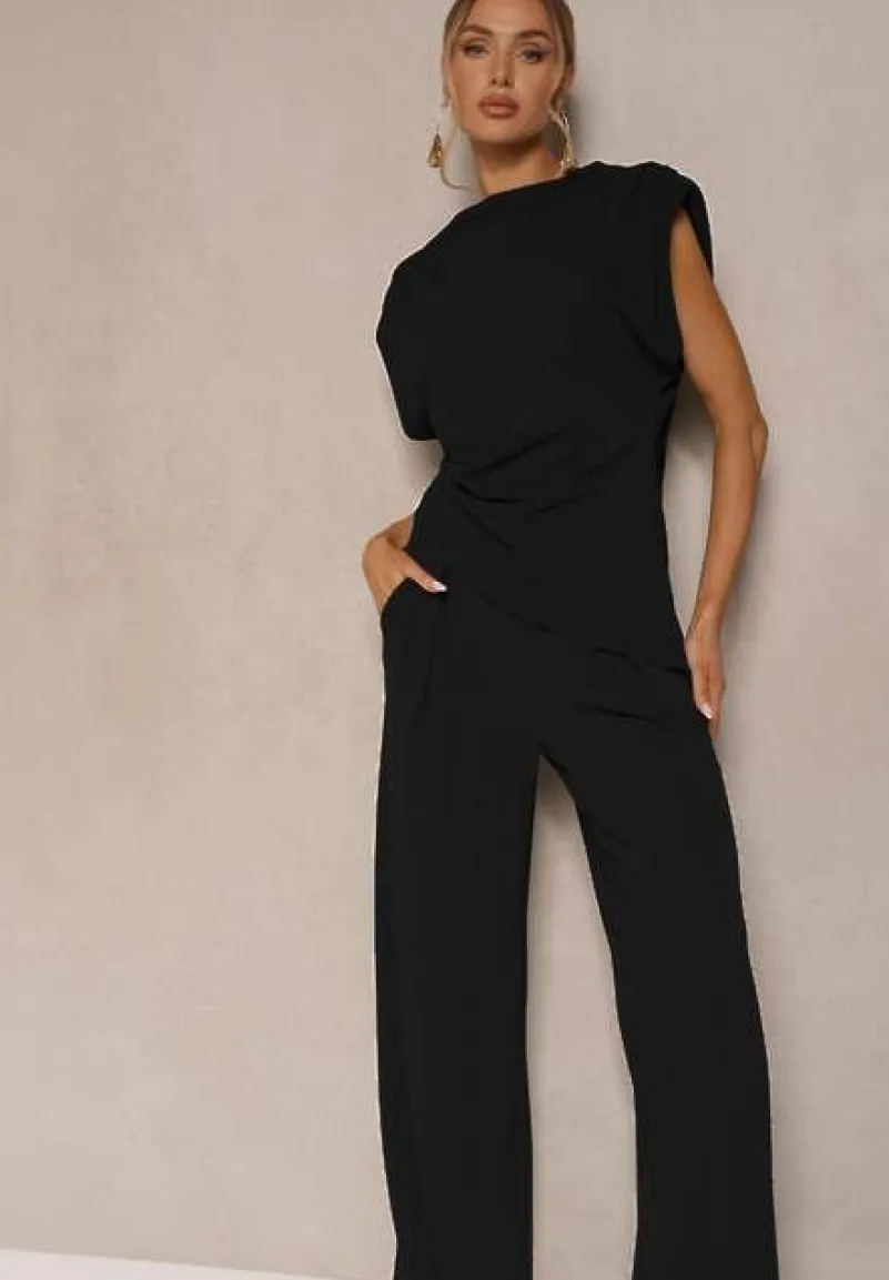 Czarny Komplet Bluzka z Poduszkami w Ramionach i Proste Spodnie z Gumką w Pasie Divanes