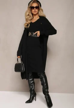 Czarny Komplet 2-częściowy z Sukienką i Kardiganem Elysara