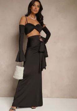 Czarny Komplet Dopasowana Spódnica z Trenem i Top z Rękawami z Falbanką Adivaria