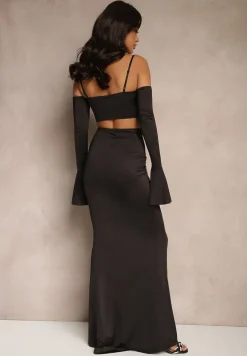 Czarny Komplet Dopasowana Spódnica z Trenem i Top z Rękawami z Falbanką Adivaria
