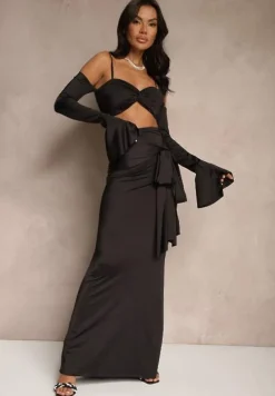 Czarny Komplet Dopasowana Spódnica z Trenem i Top z Rękawami z Falbanką Adivaria