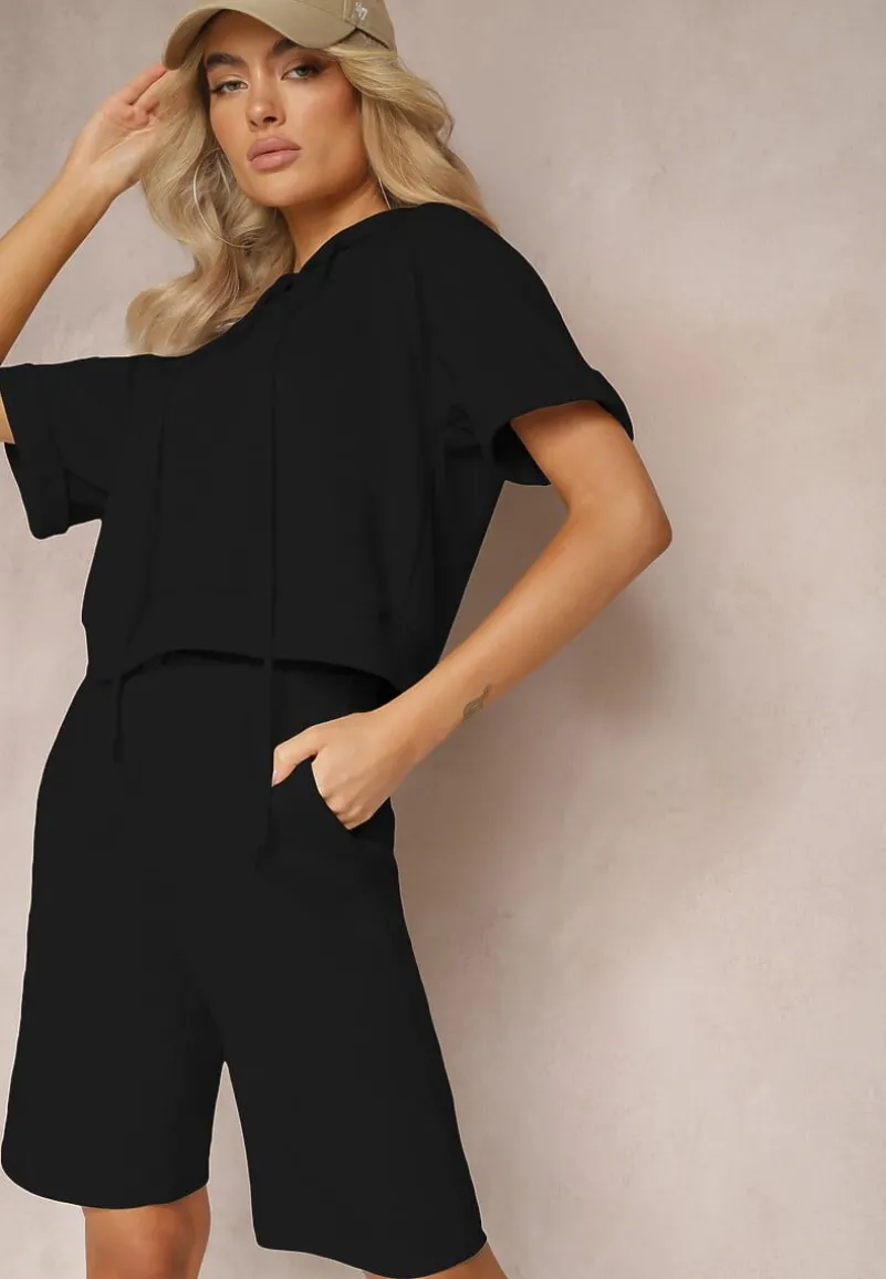 Czarny Komplet Dresowy Bluza z Kapturem i Krótkimi Rękawami oraz Szorty Choana