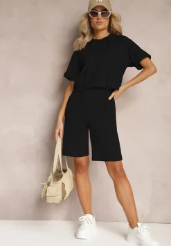 Czarny Komplet Dresowy Bluza z Kapturem i Krótkimi Rękawami oraz Szorty Choana