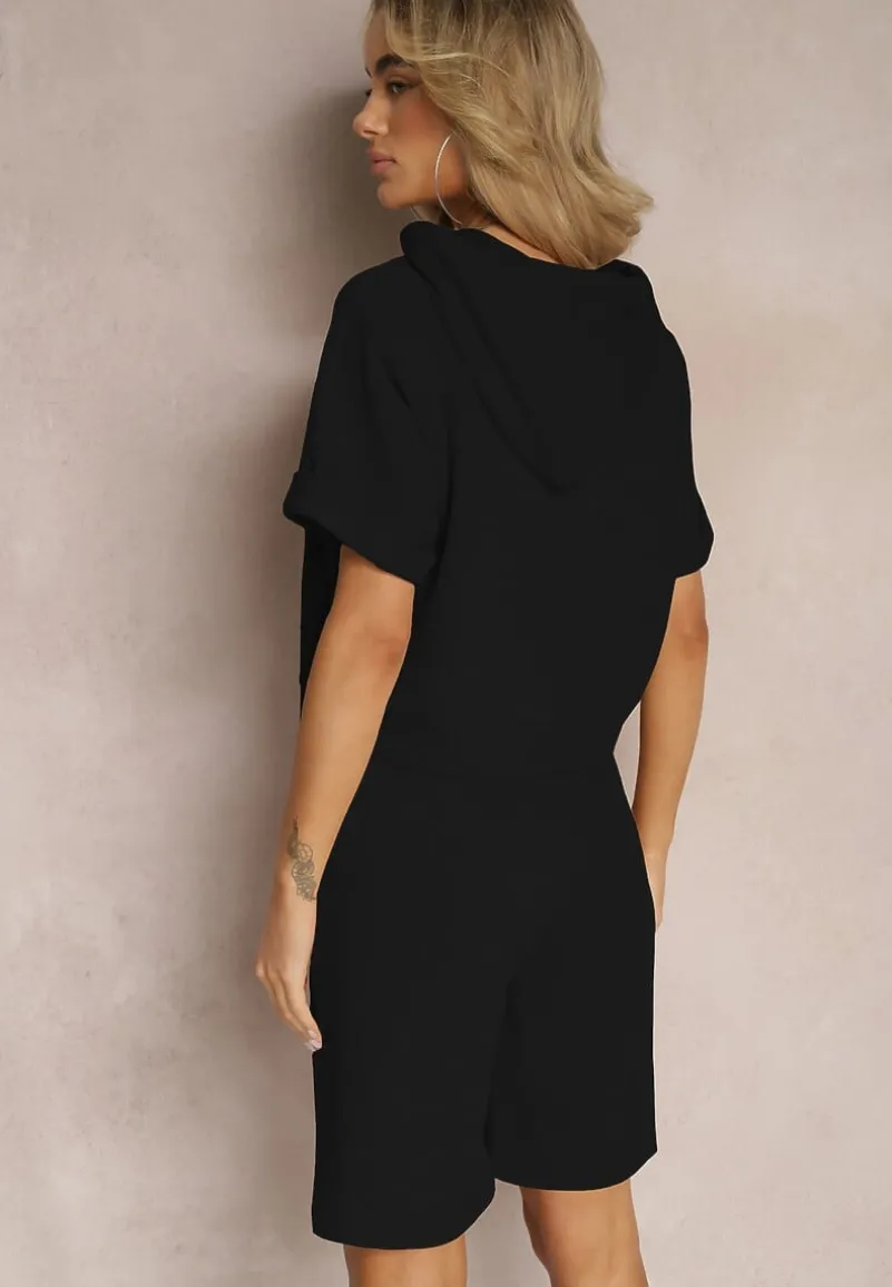 Czarny Komplet Dresowy Bluza z Kapturem i Krótkimi Rękawami oraz Szorty Choana