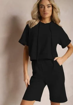 Czarny Komplet Dresowy Bluza z Kapturem i Krótkimi Rękawami oraz Szorty Choana