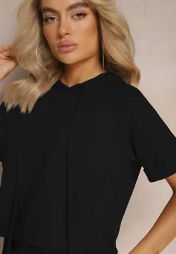 Czarny Komplet Dresowy Bluza z Kapturem i Krótkimi Rękawami oraz Szorty Choana