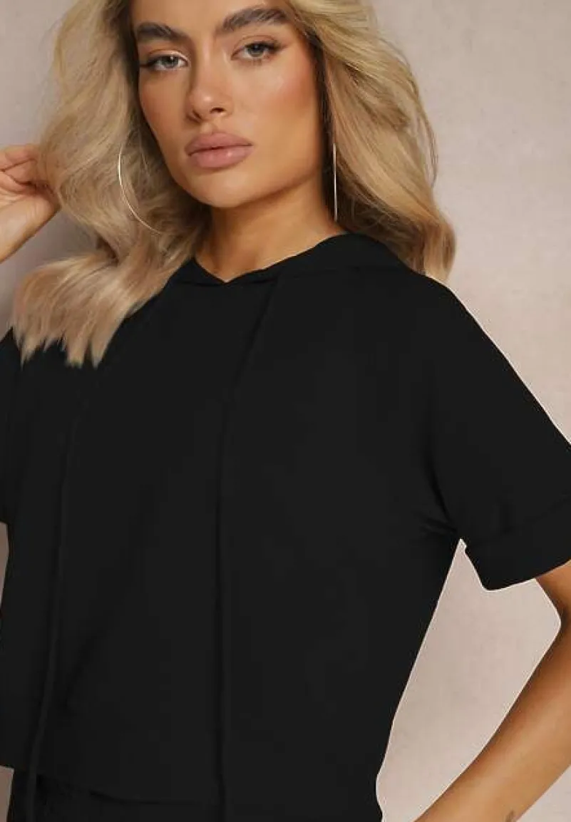 Czarny Komplet Dresowy Bluza z Kapturem i Krótkimi Rękawami oraz Szorty Choana