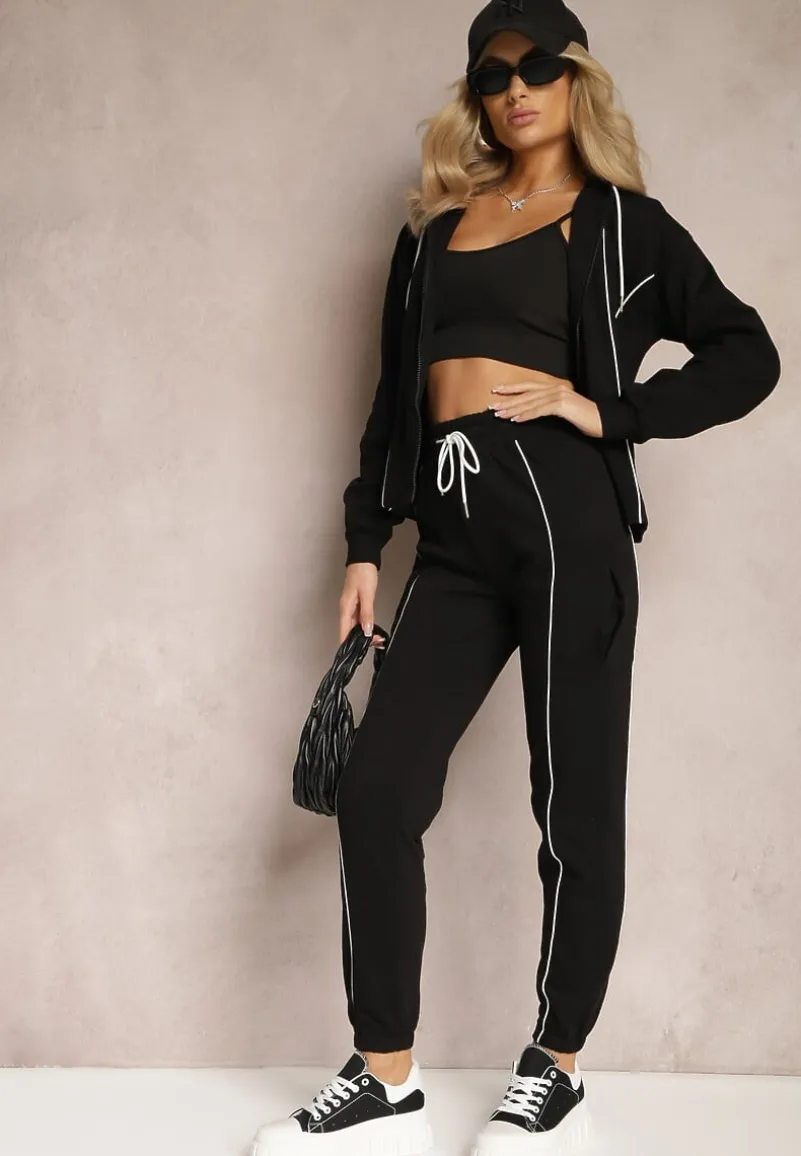 Czarny Komplet Dresowy Bluza z Kapturem i Joggery z Cienkimi Lamówkami Zivatia