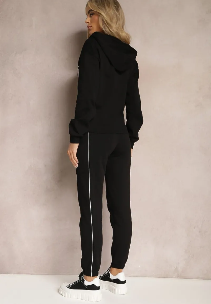 Czarny Komplet Dresowy Bluza z Kapturem i Joggery z Cienkimi Lamówkami Zivatia