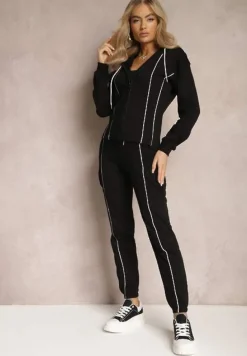 Czarny Komplet Dresowy Bluza z Kapturem i Joggery z Cienkimi Lamówkami Zivatia