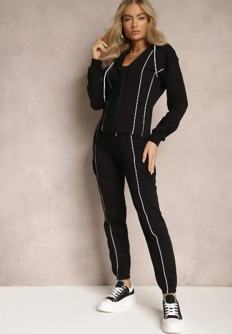 Czarny Komplet Dresowy Bluza z Kapturem i Joggery z Cienkimi Lamówkami Zivatia