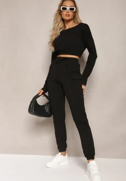 Czarny Komplet Dresowy Bluza Cropped i Spodnie z Kieszeniami Cargo Xerlesa