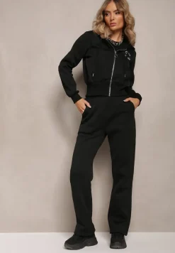 Czarny Komplet Dresowy 2-Częściowy z Polarem Bluza i Spodnie na Gumce Komiwesa