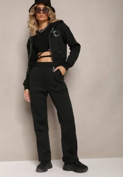 Czarny Komplet Dresowy 2-Częściowy z Polarem Bluza i Spodnie na Gumce Komiwesa