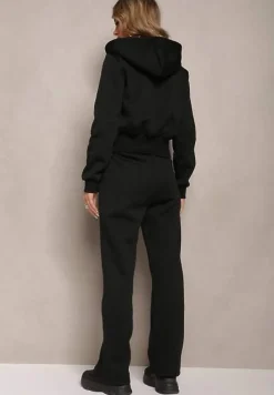 Czarny Komplet Dresowy 2-Częściowy z Polarem Bluza i Spodnie na Gumce Komiwesa