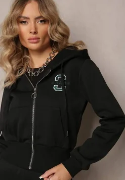 Czarny Komplet Dresowy 2-Częściowy z Polarem Bluza i Spodnie na Gumce Komiwesa