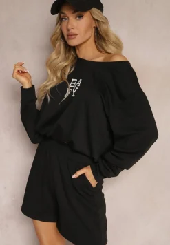 Czarny Komplet Dresowy 2-Częściowy Bluza Krótsza i Luźne Spodenki Szorty Frania