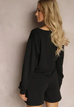 Czarny Komplet Dresowy 2-Częściowy Bluza Krótsza i Luźne Spodenki Szorty Frania