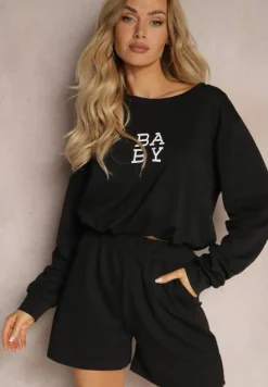 Czarny Komplet Dresowy 2-Częściowy Bluza Krótsza i Luźne Spodenki Szorty Frania