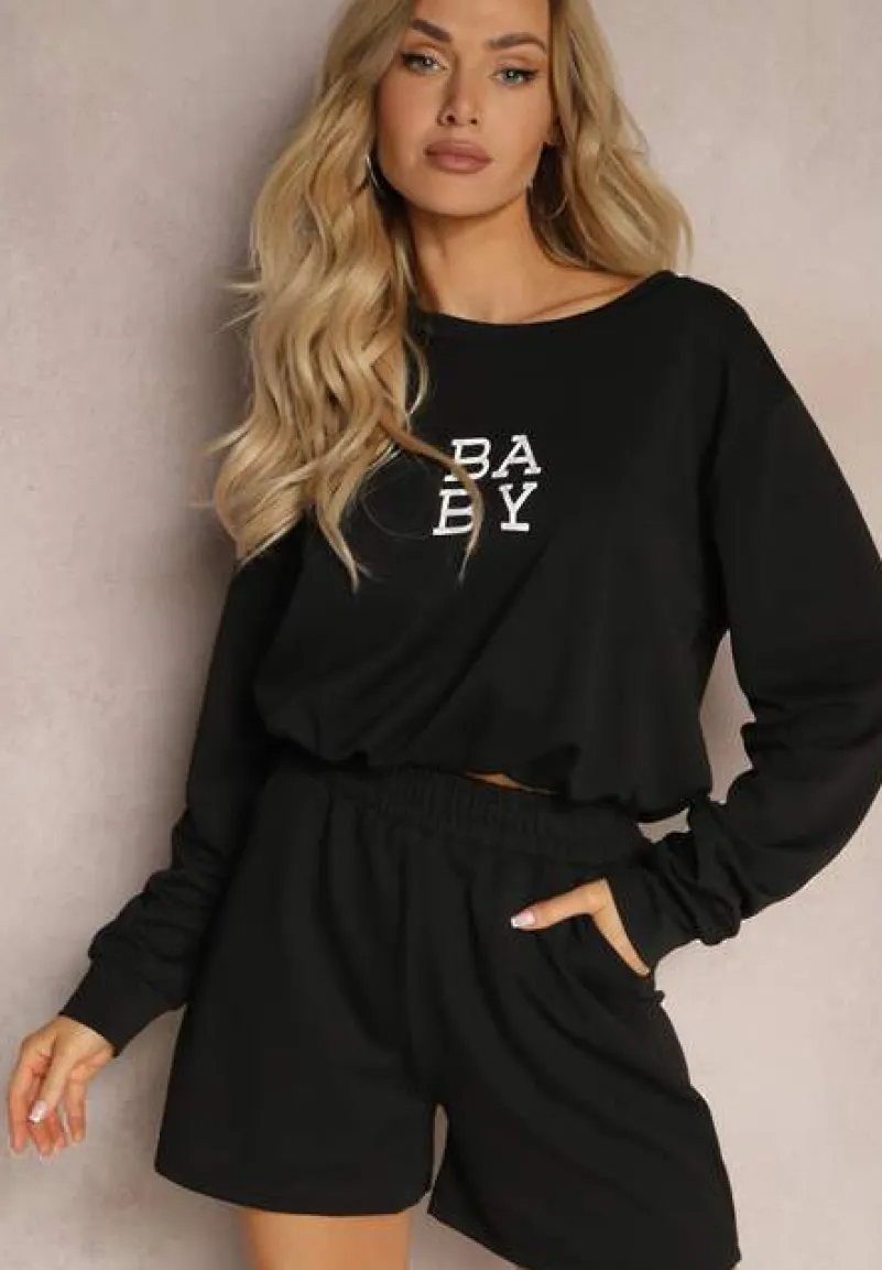 Czarny Komplet Dresowy 2-Częściowy Bluza Krótsza i Luźne Spodenki Szorty Frania