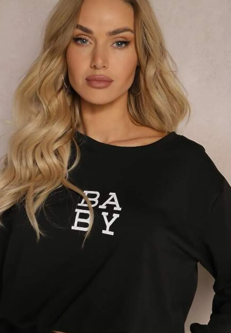 Czarny Komplet Dresowy 2-Częściowy Bluza Krótsza i Luźne Spodenki Szorty Frania