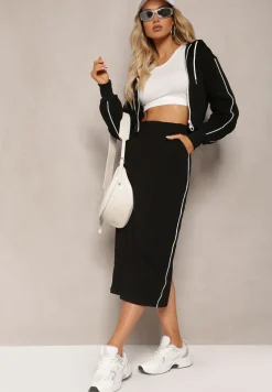 Czarny Komplet Dresowy Krótka Bluza z Kapturem i Spódnica Ołówkowa Agordia