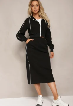 Czarny Komplet Dresowy Krótka Bluza z Kapturem i Spódnica Ołówkowa Agordia