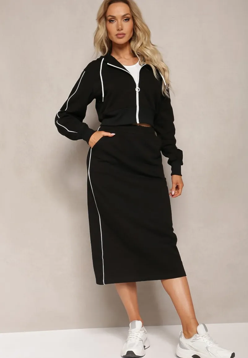 Czarny Komplet Dresowy Krótka Bluza z Kapturem i Spódnica Ołówkowa Agordia