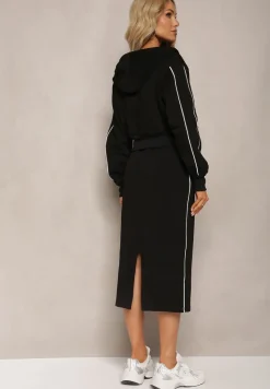 Czarny Komplet Dresowy Krótka Bluza z Kapturem i Spódnica Ołówkowa Agordia